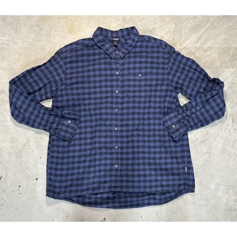 Patagonia Blue Driving Song Flannel Plaid Hiking Outdoors Shirt Women's Sz L